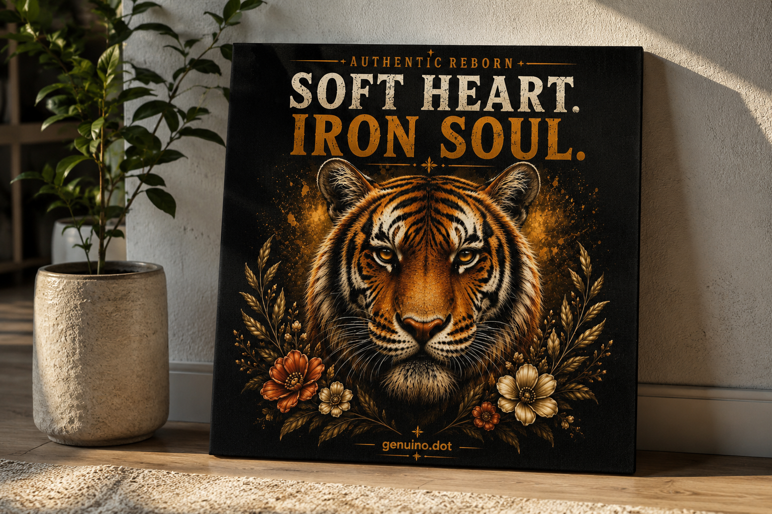 Soft Heart. Iron Soul. Tiger Canvas Wall Art | Inspirational Tiger Wall Decor | Strength & Character Artwork | Authentic Reborn by genuinomart.dot Canvas 20x20 cm / 8x8″