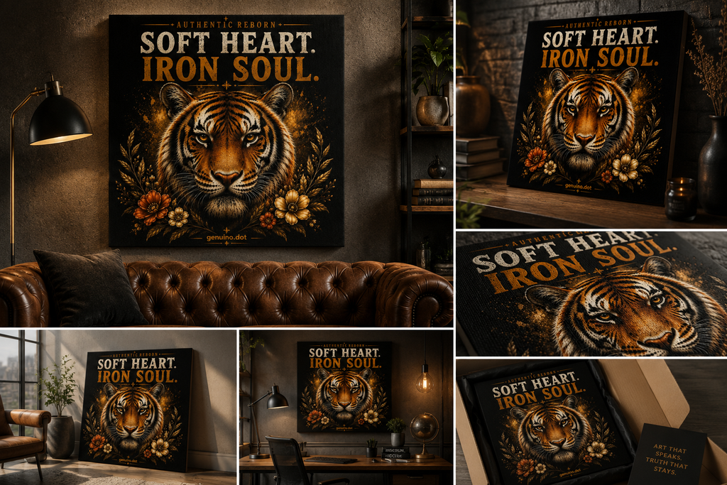 Soft Heart. Iron Soul. Tiger Canvas Wall Art | Inspirational Tiger Wall Decor | Strength & Character Artwork | Authentic Reborn by genuinomart.dot Canvas 20x20 cm / 8x8″