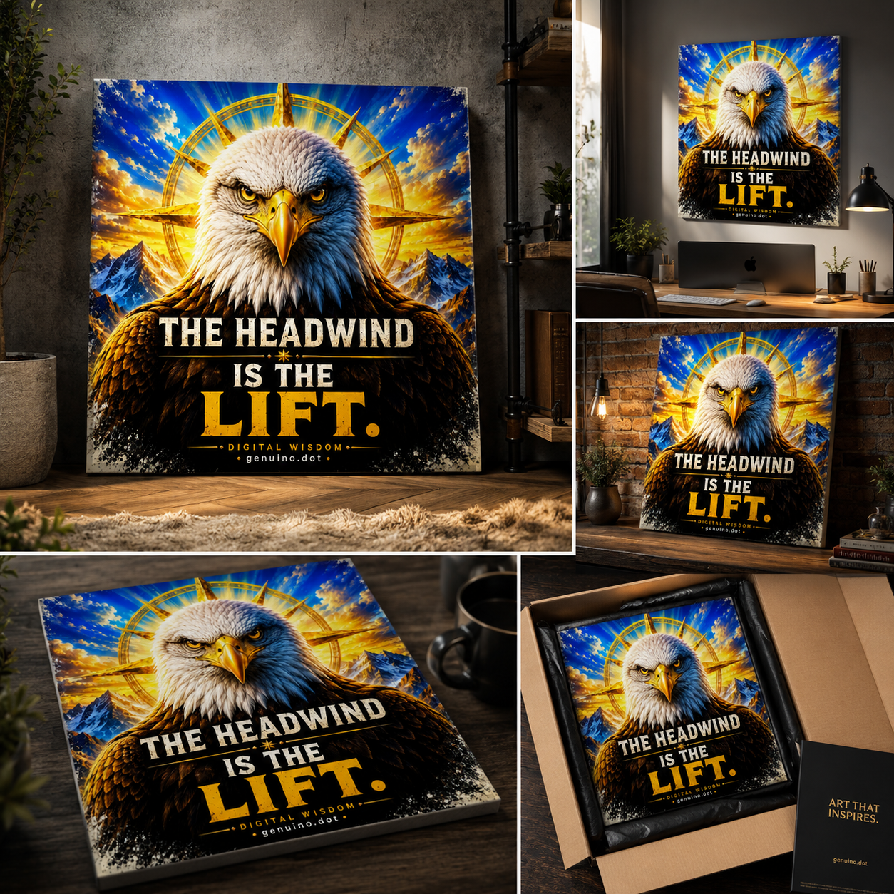 The Headwind Is the Lift Canvas Wall Art | Eagle Inspirational Wall Decor | Leadership & Motivation Canvas Print | Digital Wisdom by genuino.dot. Canvas 20x20 cm / 8x8″