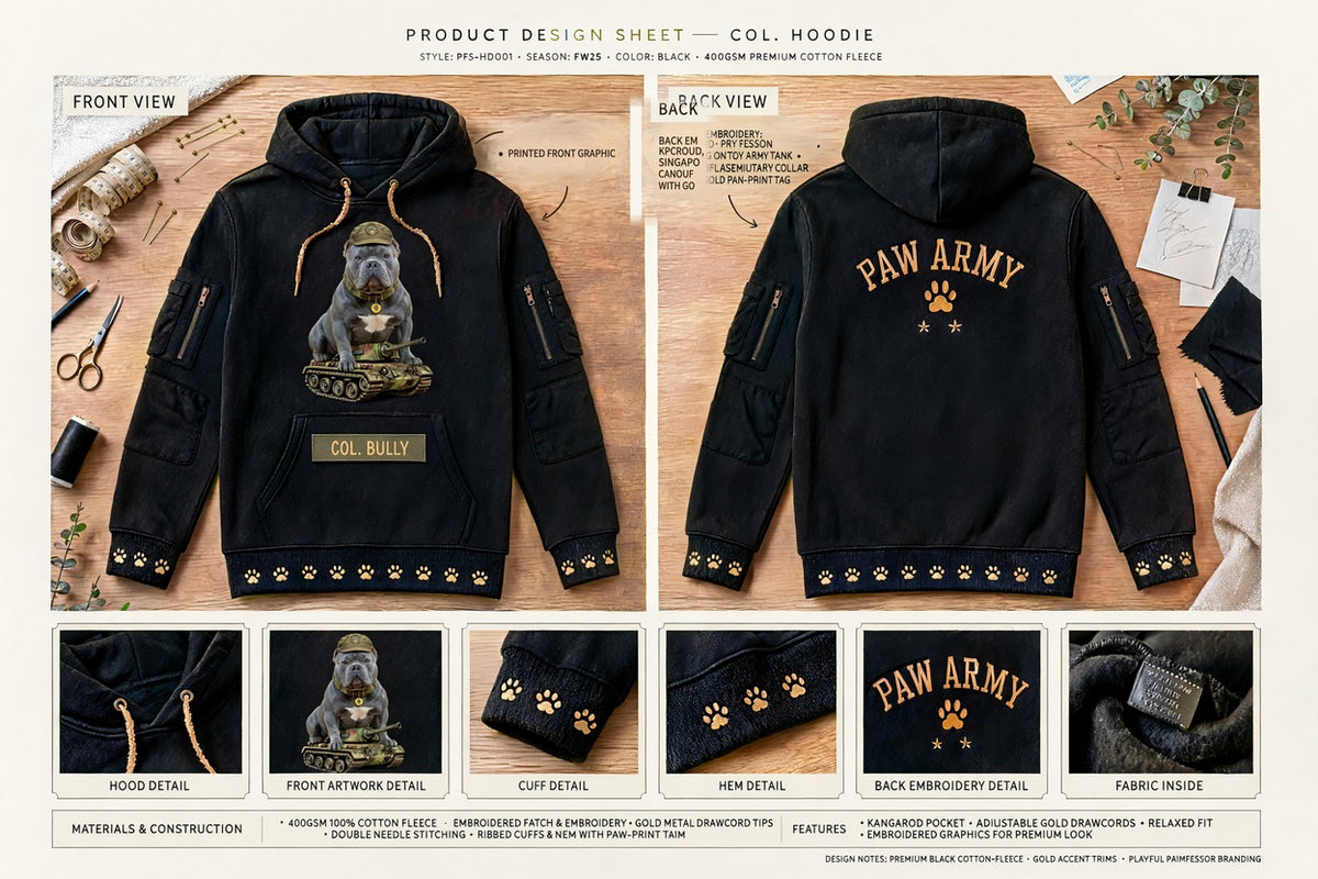 Col. Hoodie design sheet: front and back views with printed front graphic