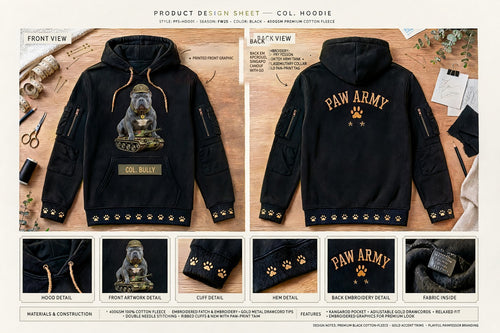 Col. Hoodie design sheet: front and back views with printed front graphic