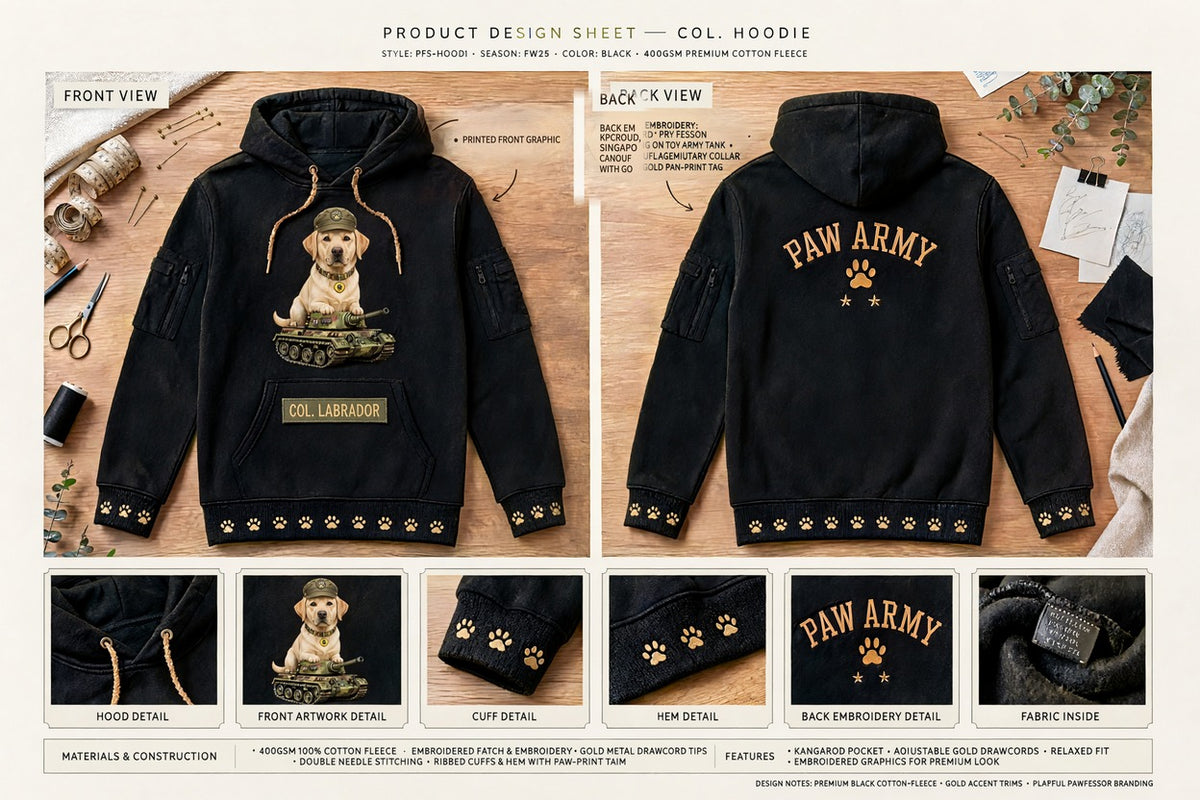 Col. Hoodie design sheet: front and back views with printed front graphic