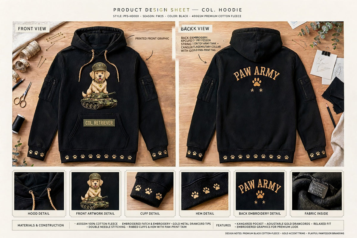 Col. Hoodie design sheet: front and back views with printed front graphic
