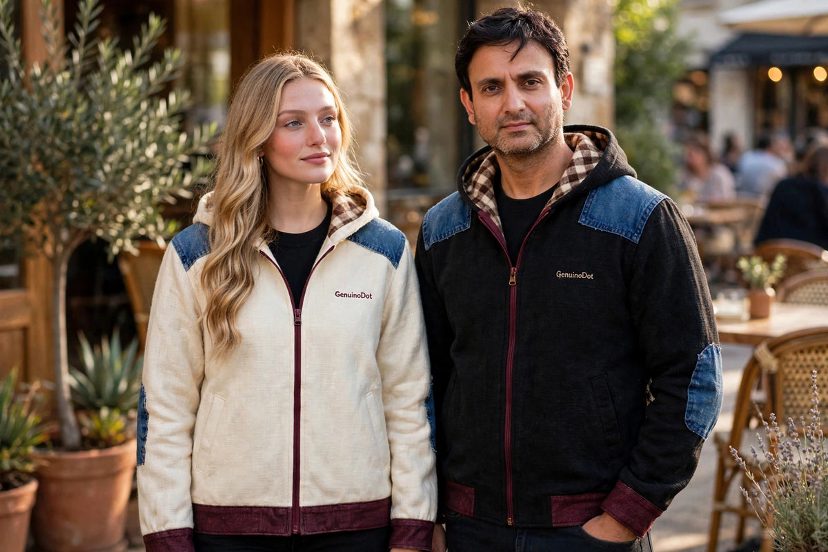 GenuinoDot black khaddar hooded jacket with denim patches and burgundy trims