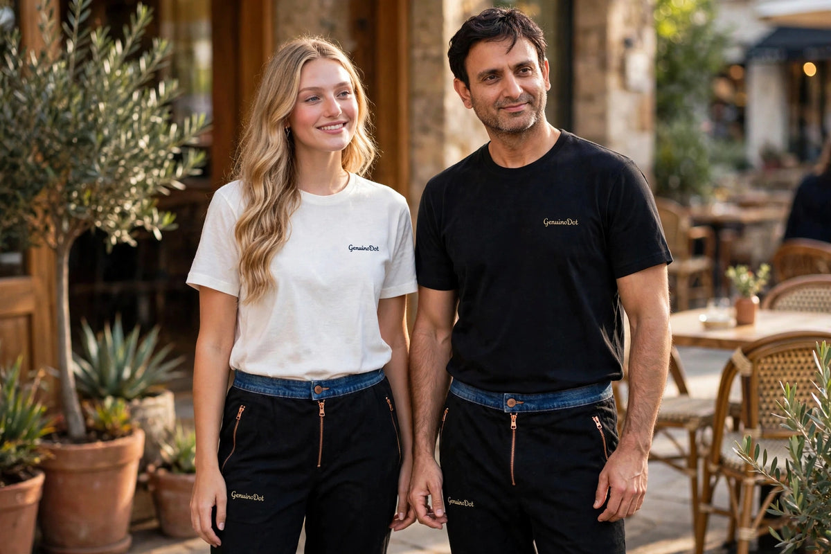 GenuinoDot t-shirt and pajama set with denim trims and copper zips