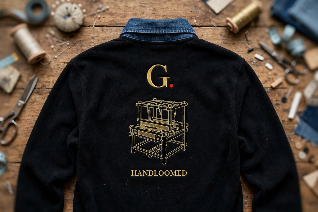 Back view: black fleece shirt with denim collar, gold G. logo, handloom embroidery and HANDLOOMED text