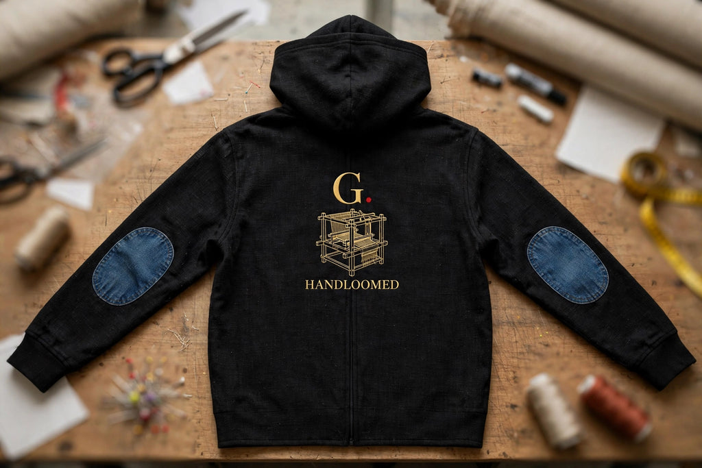 Back view: black khaddar hooded jacket with gold G. logo, handloom embroidery and HANDLOOMED text, denim elbow patches