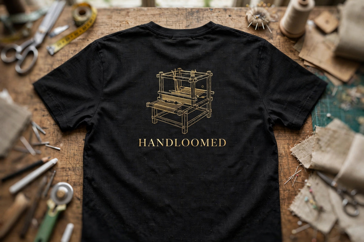 Back view: black t-shirt with gold handloom embroidery and HANDLOOMED text