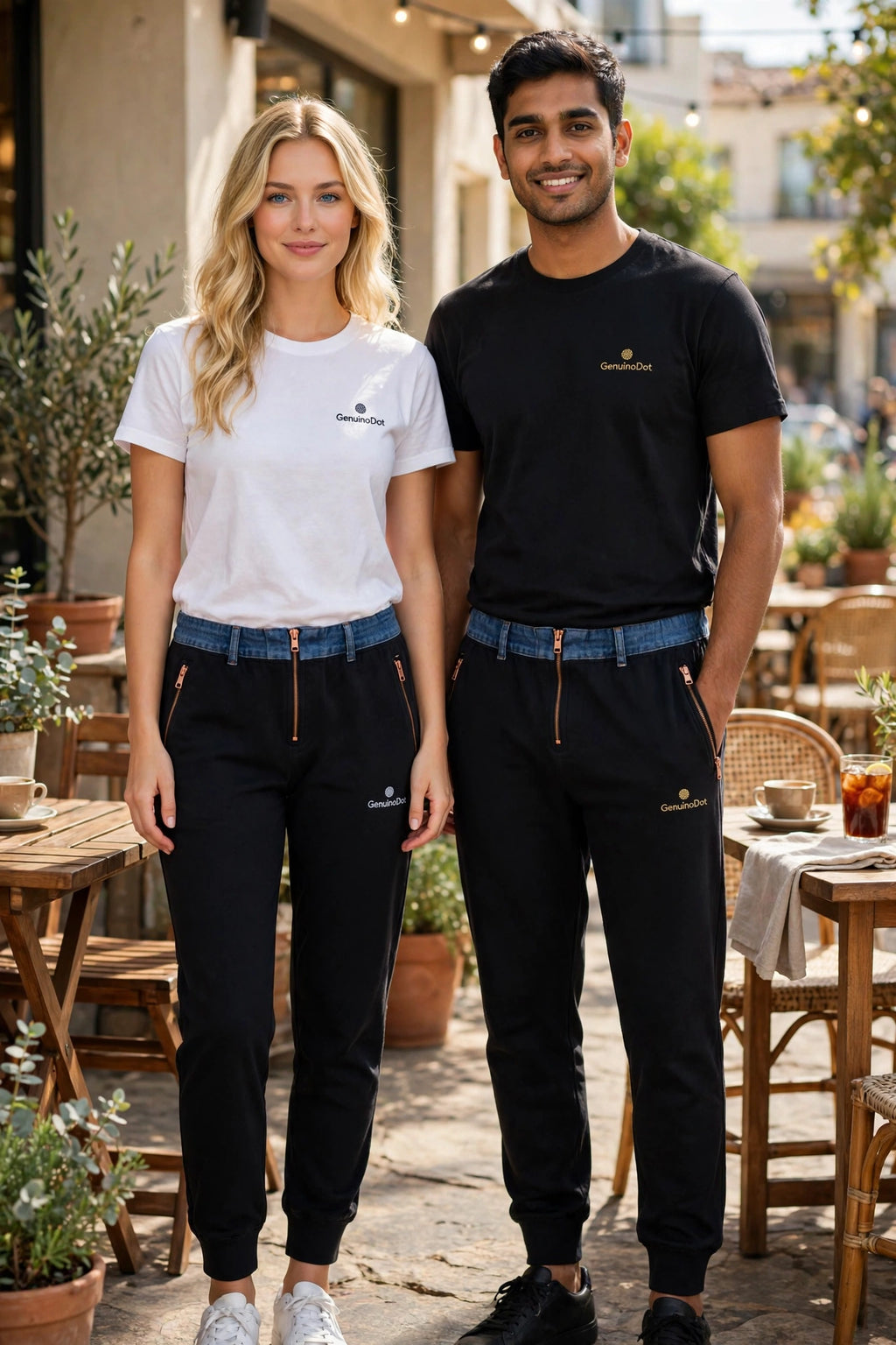 Full-body view: couple wearing the complete t-shirt and jogger pajama set, joggers shown fully from waist to ankles