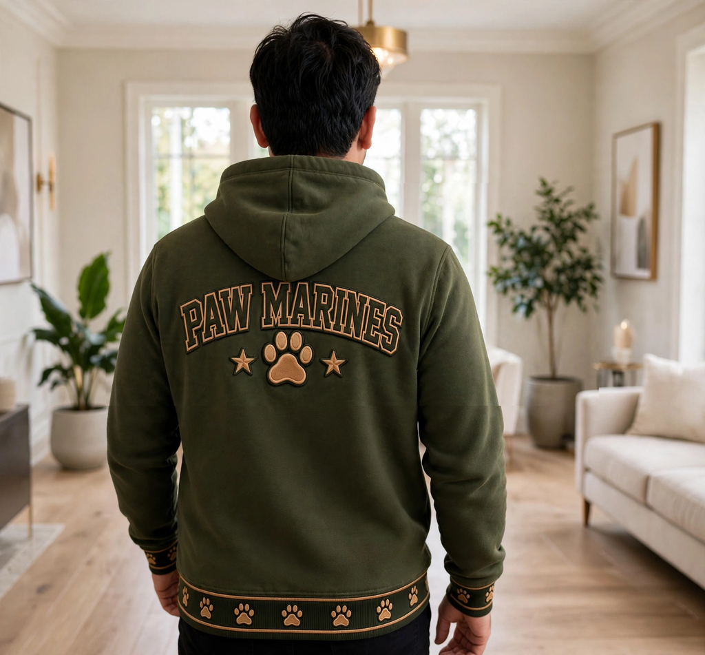PAW MARINES hoodie back view: PAW MARINES embroidery with paw and stars