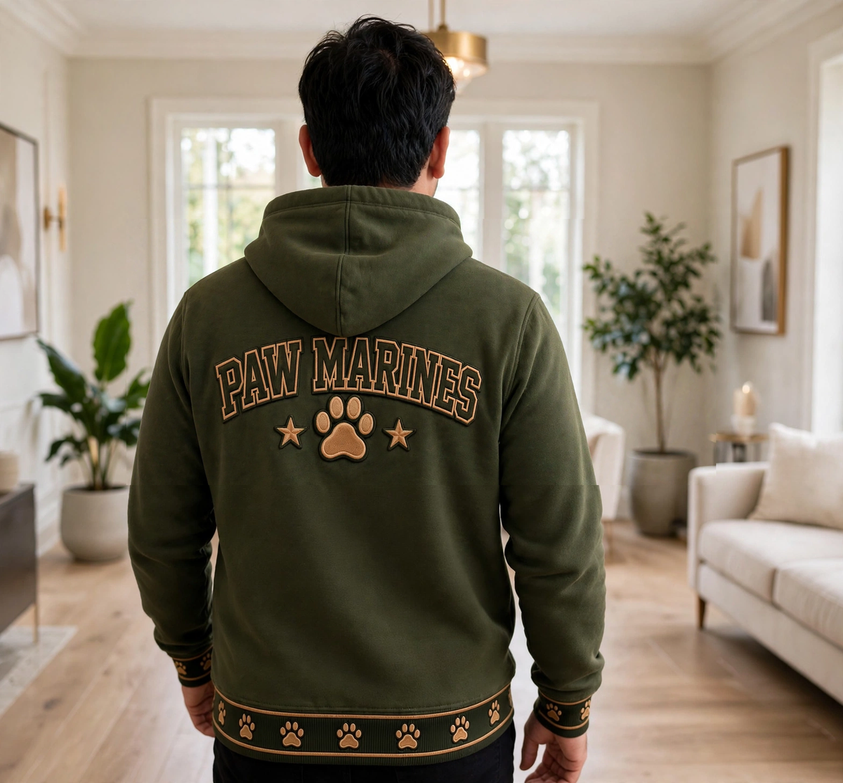 PAW MARINES hoodie back view: PAW MARINES embroidery with paw and stars