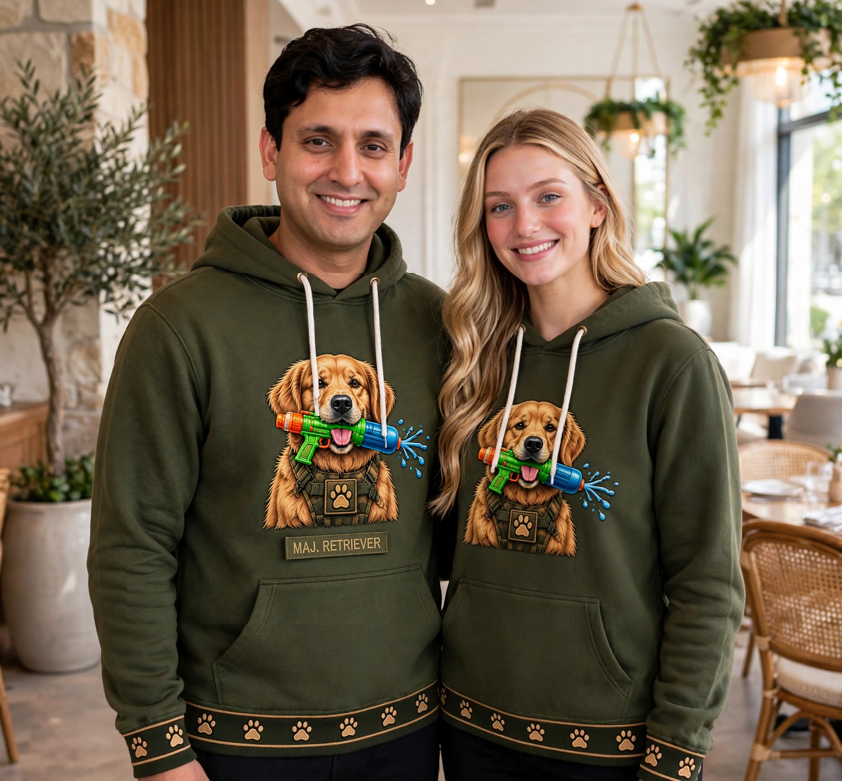 Couple wearing matching PAW MARINES olive hoodies with MAJ. RETRIEVER name tape