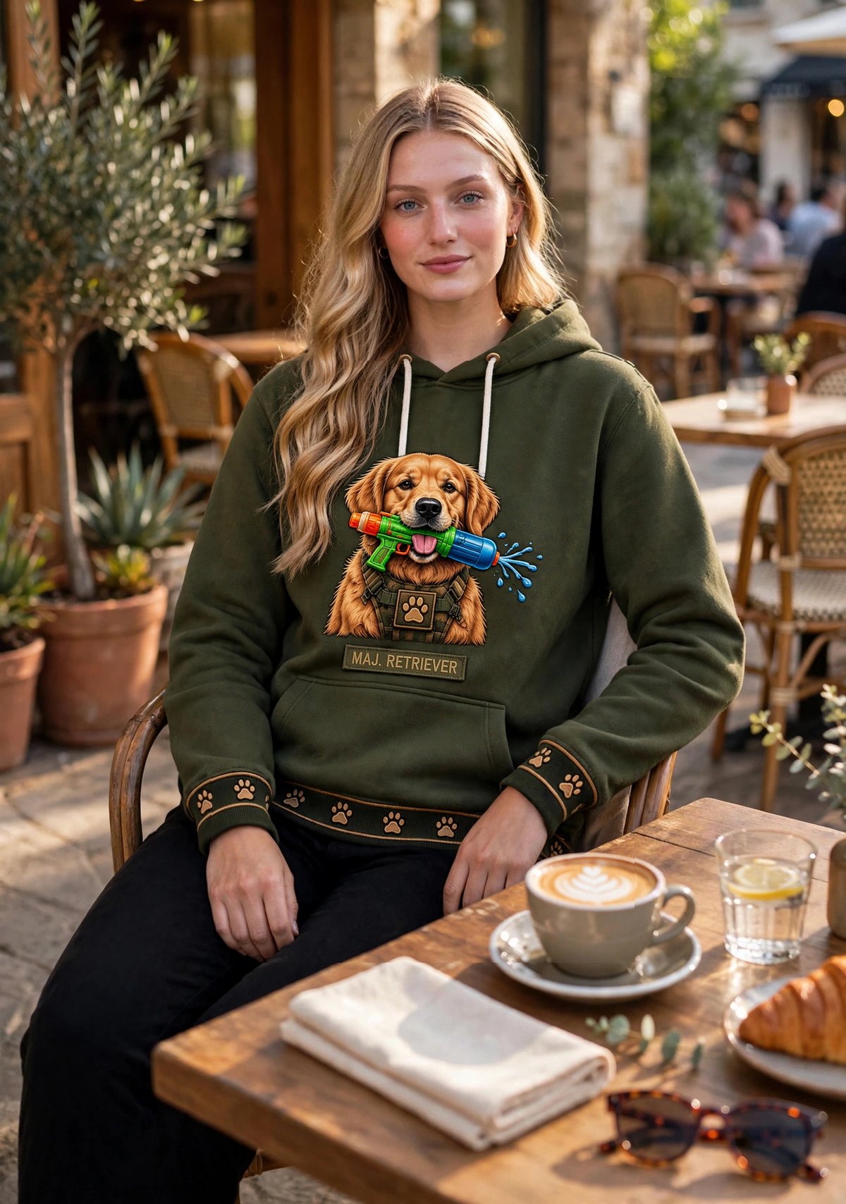 Woman wearing PAW MARINES olive hoodie with MAJ. RETRIEVER name tape at a cafe