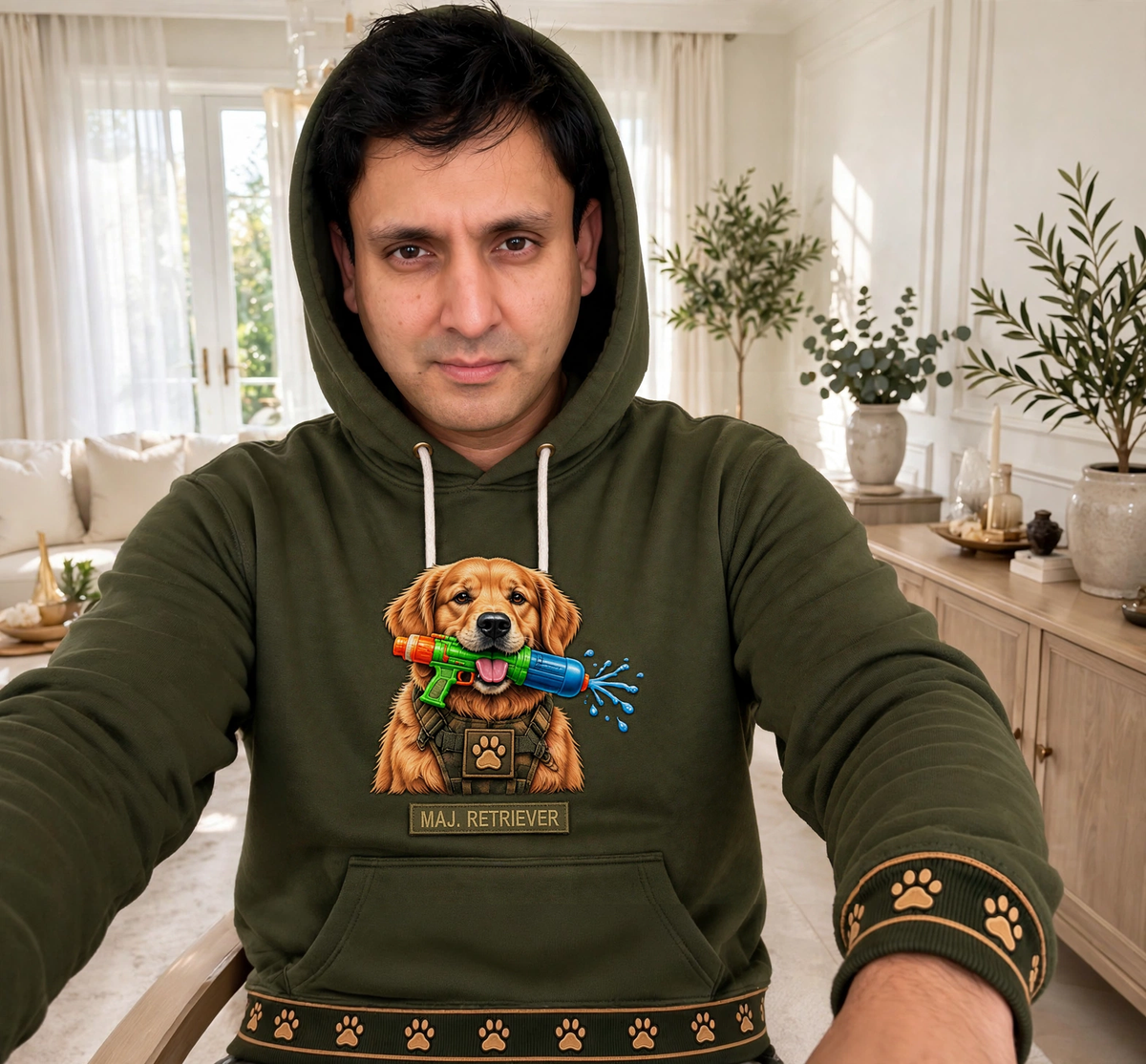 Man wearing PAW MARINES olive hoodie with Maj. Retriever water gun graphic and MAJ. RETRIEVER name tape