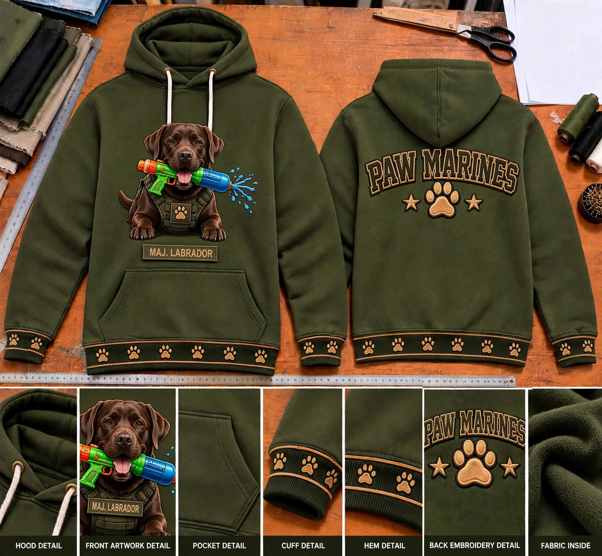 PAW MARINES hoodie design sheet: Maj. Labrador front and back views