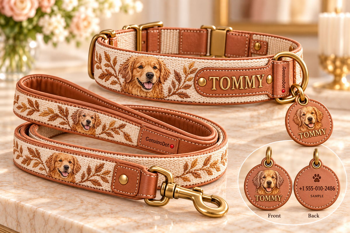 Personalized collar, leash and ID tag set